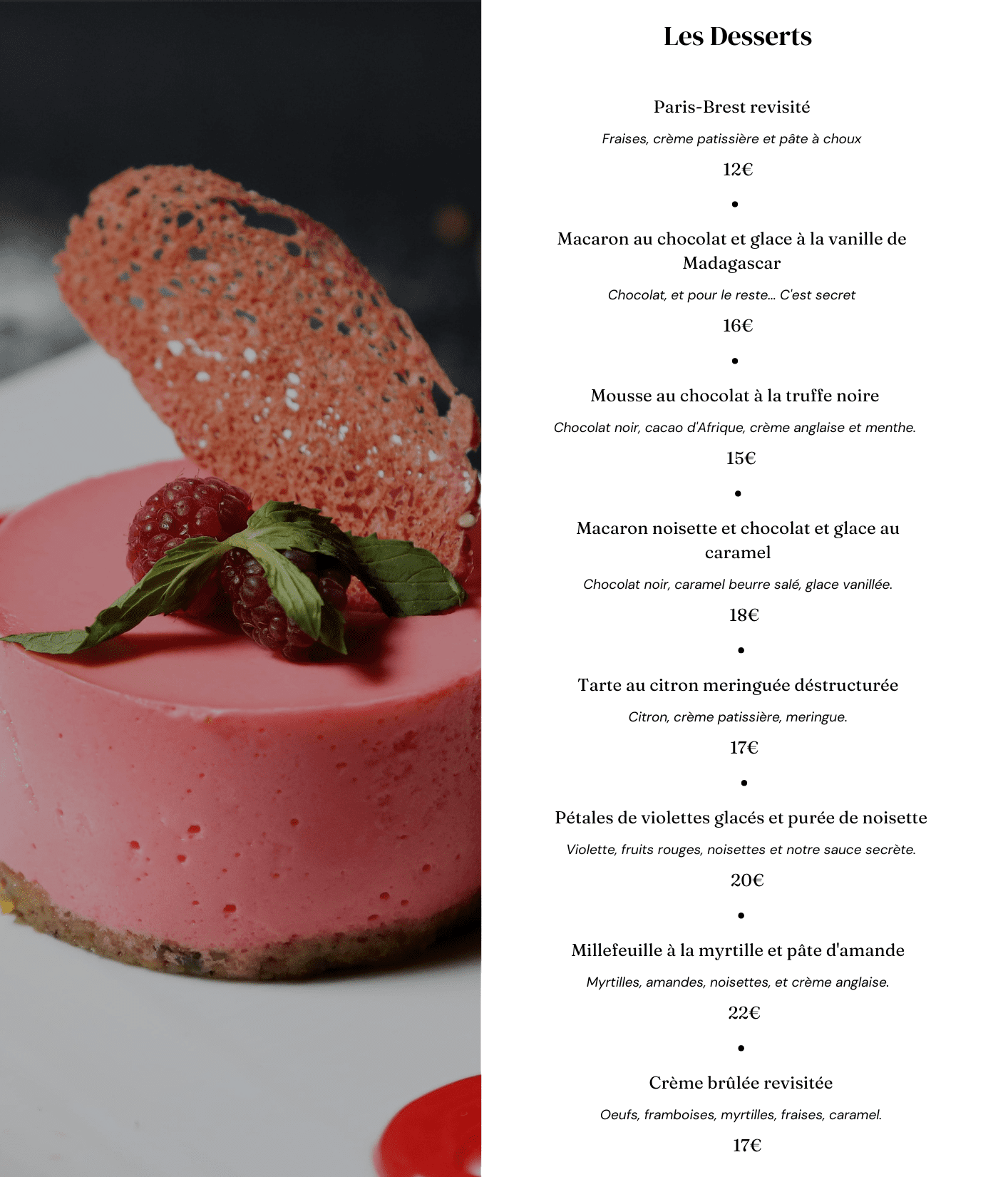 la carte des desserts